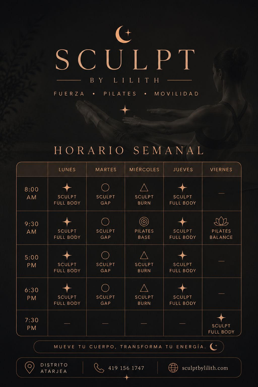 Horario semanal de clases — Sculpt by Lilith, San José Iturbide, Guanajuato